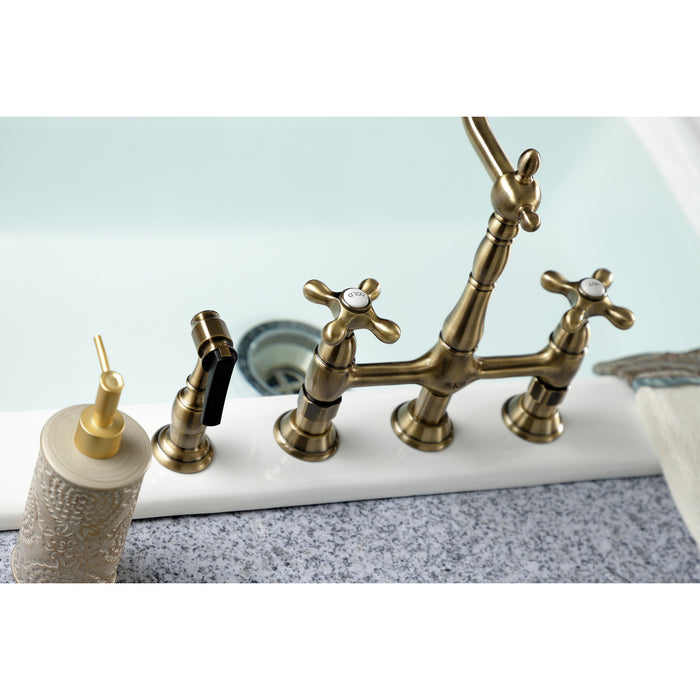 Heritage KS1273AXBS Two-Handle 4-Hole Deck Mount Bridge Kitchen Faucet with Brass Side Sprayer, Antique Brass