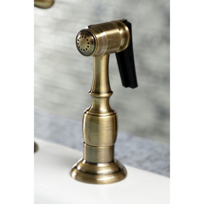 Heritage KS1273AXBS Two-Handle 4-Hole Deck Mount Bridge Kitchen Faucet with Brass Side Sprayer, Antique Brass