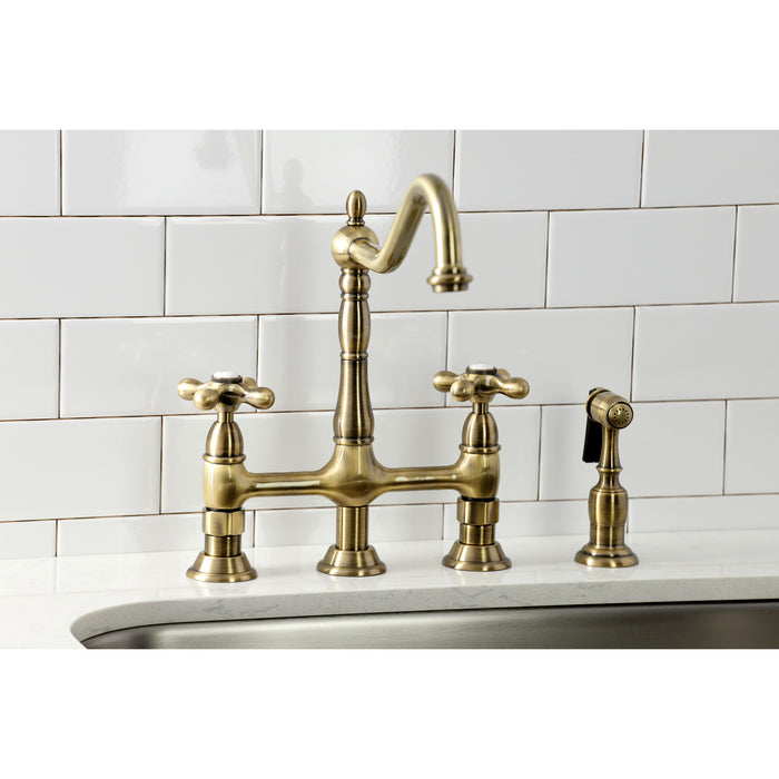 Heritage KS1273AXBS Two-Handle 4-Hole Deck Mount Bridge Kitchen Faucet with Brass Side Sprayer, Antique Brass