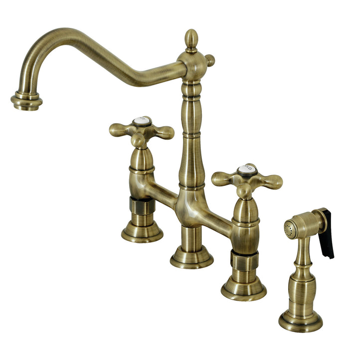 Heritage KS1273AXBS Two-Handle 4-Hole Deck Mount Bridge Kitchen Faucet with Brass Side Sprayer, Antique Brass