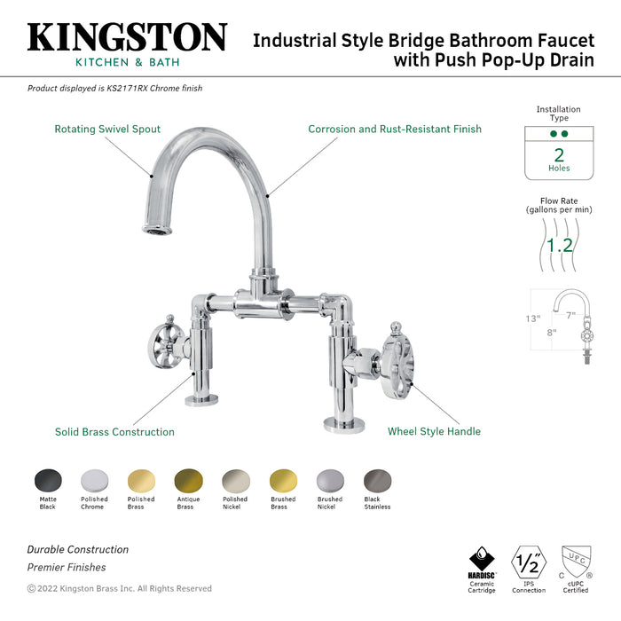 Belknap KS2177RX Two-Handle 2-Hole Deck Mount Bridge Bathroom Faucet with Push Pop-Up Drain, Brushed Brass