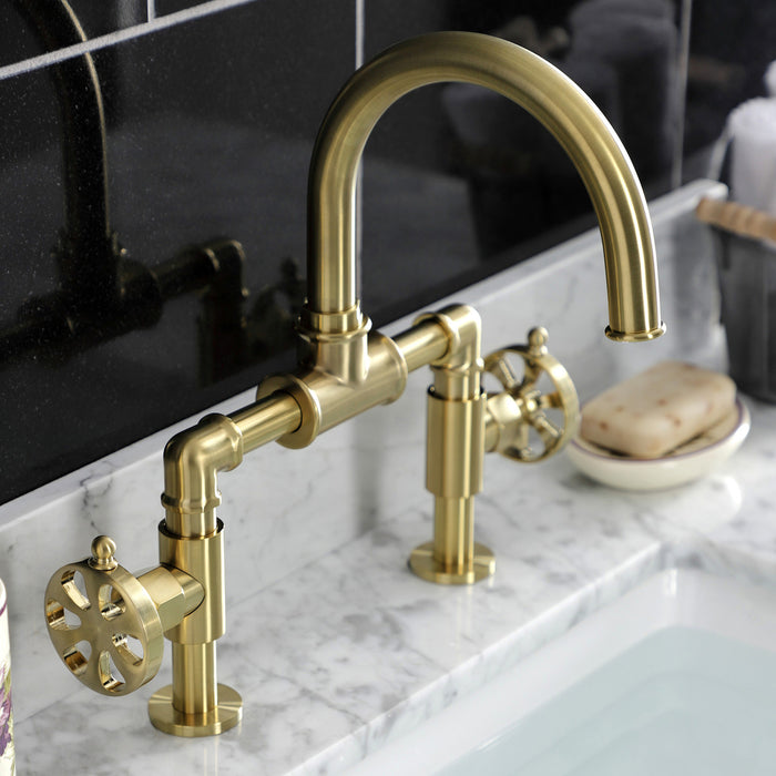 Belknap KS2177RX Two-Handle 2-Hole Deck Mount Bridge Bathroom Faucet with Push Pop-Up Drain, Brushed Brass