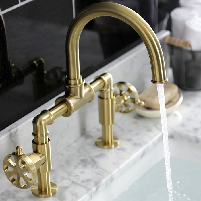 Belknap KS2177RX Two-Handle 2-Hole Deck Mount Bridge Bathroom Faucet with Push Pop-Up Drain, Brushed Brass