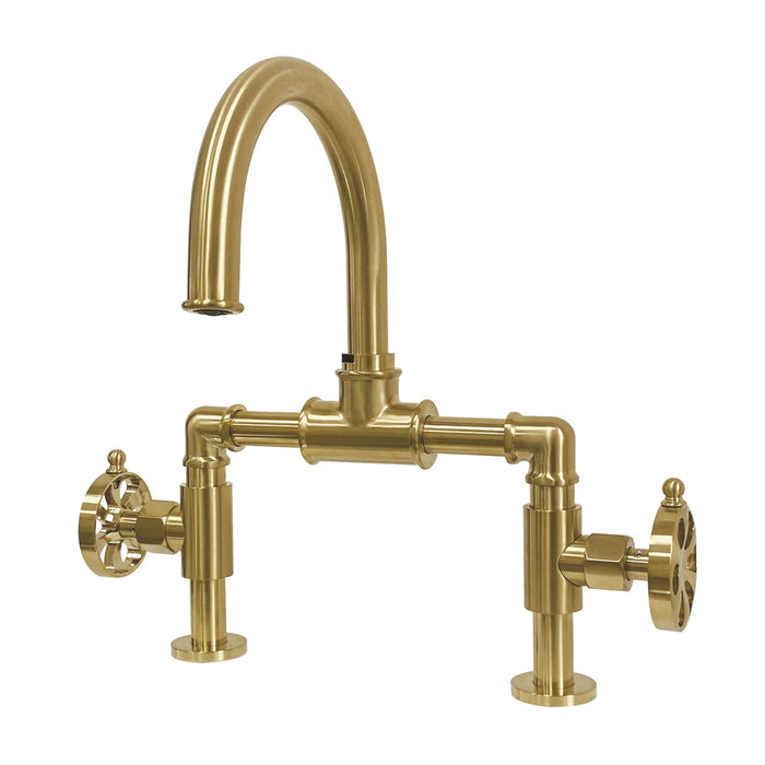 Belknap KS2177RX Two-Handle 2-Hole Deck Mount Bridge Bathroom Faucet with Push Pop-Up Drain, Brushed Brass