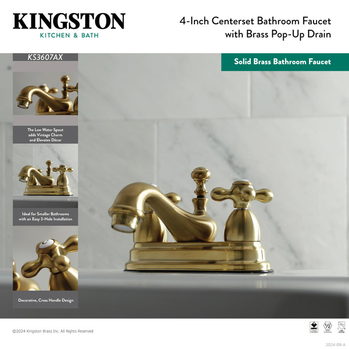 Restoration KS3607AX Double-Handle 3-Hole Deck Mount 4-Inch Centerset Bathroom Faucet with Brass Pop-Up, Brushed Brass