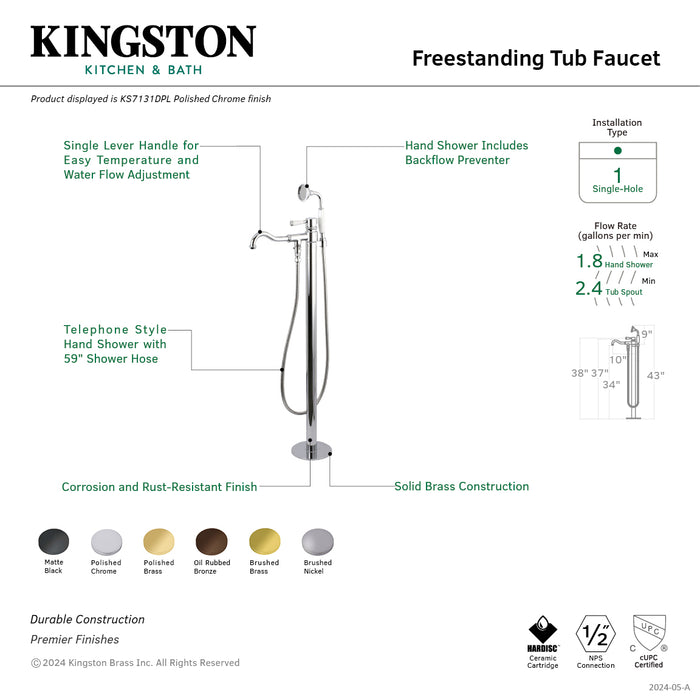 Paris KS7137DPL Single-Handle 1-Hole Freestanding Tub Faucet with Hand Shower, Brushed Brass