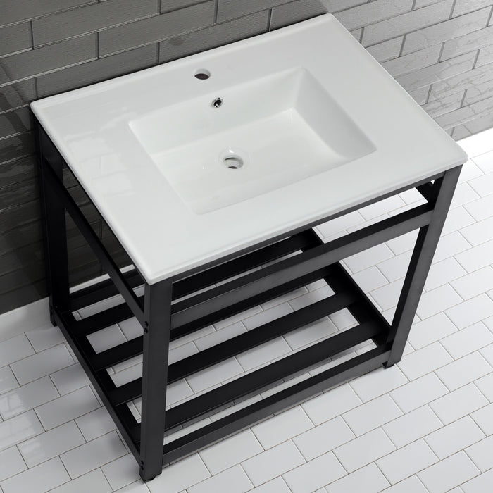 Quadras VWP3122A0 31-Inch Ceramic Console Sink with Steel Base and Shelf (1-Hole), White/Matte Black