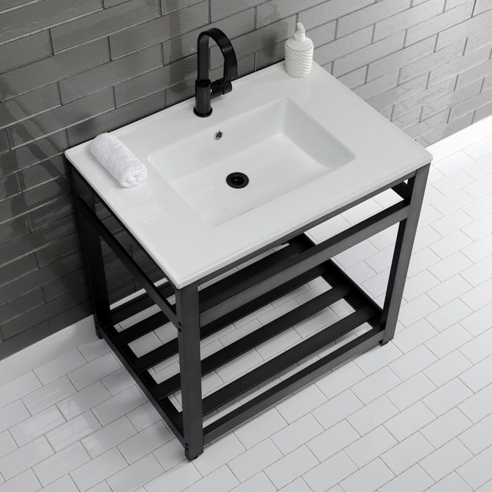 Quadras VWP3122A0 31-Inch Ceramic Console Sink with Steel Base and Shelf (1-Hole), White/Matte Black