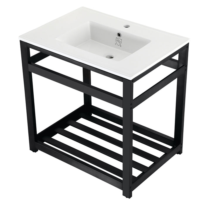 Quadras VWP3122A0 31-Inch Ceramic Console Sink with Steel Base and Shelf (1-Hole), White/Matte Black